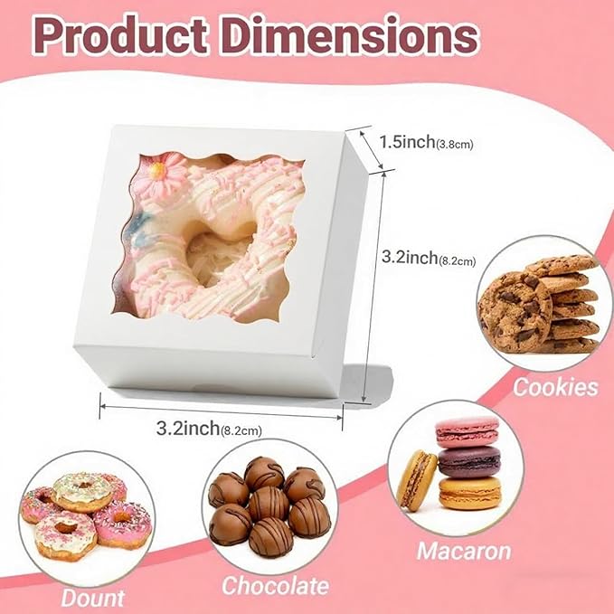 SLShePack 3.2x3.2x1.5 Inches 50PCS Mini Bakery Boxes with Window for Cookies, Soap, Chocolate Truffle, Donut, Macaron(White)