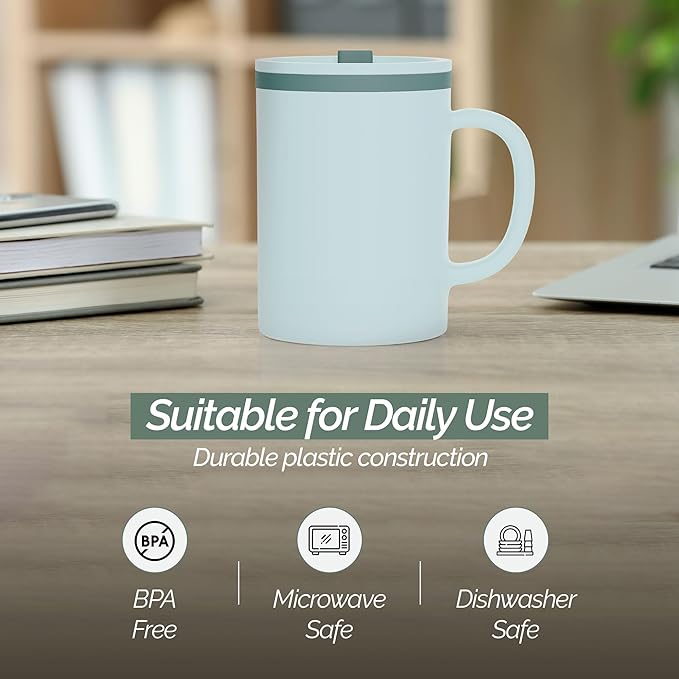Copco Iconic 16oz Double Wall Insulated Desk Mug with Lid & Handle, Set of 2, BPA-Free Reusable Plastic, Spill-Proof, Microwave & Dishwasher Safe, Wide Mouth, Cup Holder Friendly (Grey)