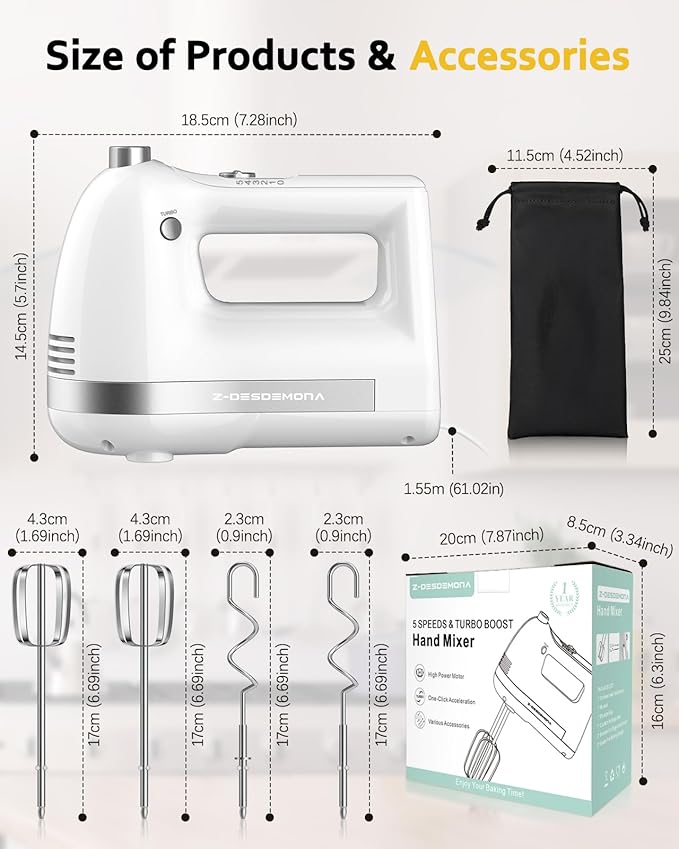 Electric Hand Mixer, Powerful 300W Hand Mixer Electric Handheld with 304 Beaters, Dough Hook,Hand Held Mixer with Turbo for Baking Cakes, Eggs, Cream Food(White)