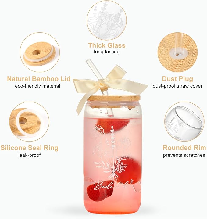 Bride To Be Glass Cup with Lid & Straw-Cute Aesthetic 16oz Iced Coffee Cup Smoothie Tumbler Gift for Engagement Bachelorette Bridal Shower Wedding