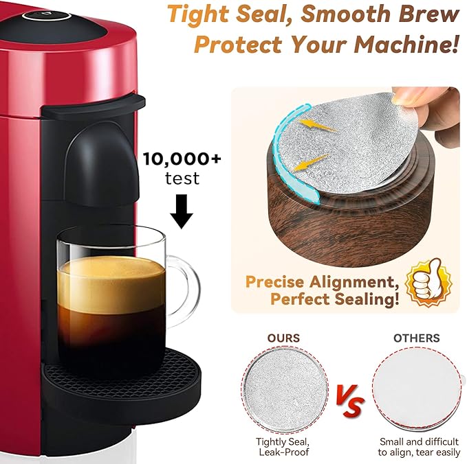 Reusable Vertuo Pod Refill Kit for Nespresso: Reusable Vertuo Capsule for Nespresso/Coffee Pods Vertuoline with 100 Aluminum Foil Lids for Any Size of Vertuo Plus Espresso Pod- Wood Grain Holder