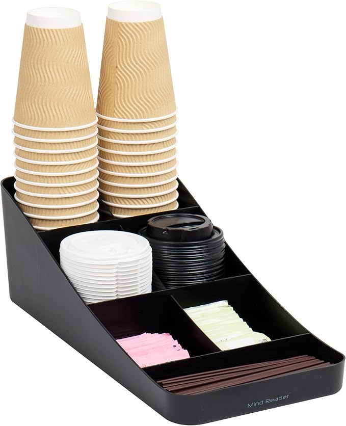 Mind Reader Cup and Condiment Station, Countertop Organizer, Coffee Bar, Kitchen, Stirrers, 7.25"L x 15.5"W x 5.25"H, Black