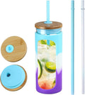 Kodrine 20oz Glass Tumbler with Straw and Lid, Iced Coffee Cups with Bamboo Lids, Glass Cups for Cold Drinks, Smoothie Cup with Silicone Sleeve for Travel, Work, BPA FREE-Blue Purple