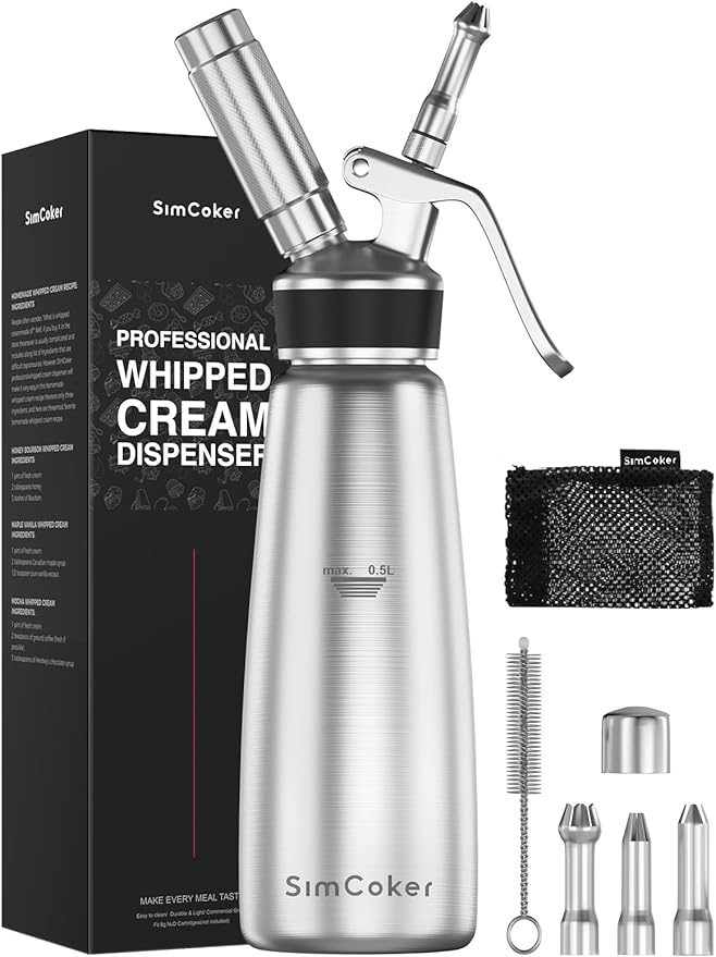 Professional Stainless Steel Whipped Cream Dispenser – 500 mL / 1 Pint, Includes 3 Decorating Nozzles, Cleaning Brush & Storage Bag – Ideal for Desserts, Coffee & Pastries (N₂O Chargers Not Included)