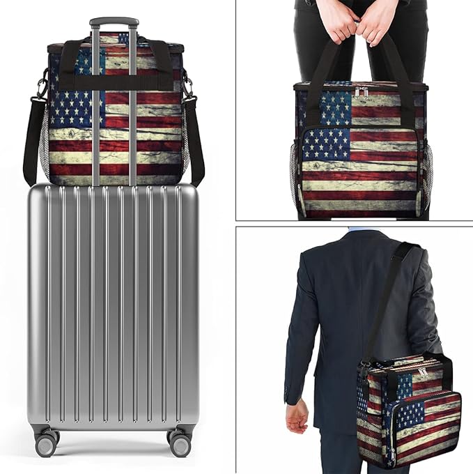 Vintage American Usa Flag Coffee Maker Carring Bag Travel Storage Tote Bag Compatible with Keurig K-Mini or K-Mini Plus Portable Single Serve Coffee Brewer Case with Pockets for K-cup Pods