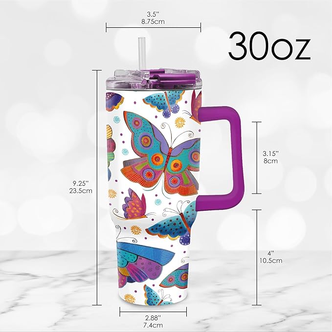 RainCaper 18/8 Stainless Steel Insulated Water Tumbler with Straw | 30oz, BPA-Free, Double Wall for Hot & Cold | Travel-Friendly, Cup Holder Ready (Laurel Burch Mariposas)