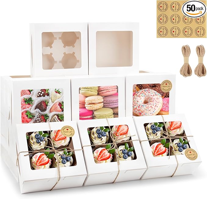 OAMCEG 50 PCS White Cupcake Boxes with Window and Insert, 6x6x3 Inch Kraft Treat Boxes with 4 Cavity for Cookies, Pastries, Desserts, with Stickers & Jute Twine