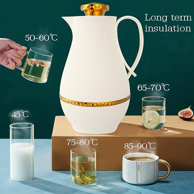 Insulated Thermal Coffee Carafe, 33 oz, Luxury Arabic-Style Insulated Carafe Flask,Coffee Tea Pot,with Spout and Glass Liner for Hot Cold Water,Housewarming Ornaments (White)