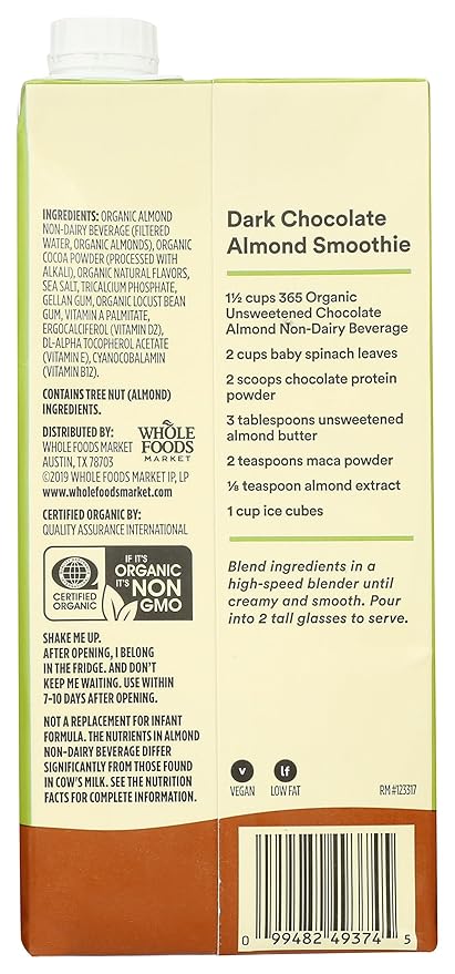 365 by Whole Foods Market, Organic Chocolate Unsweetened Almond Milk, 32 Fl Oz