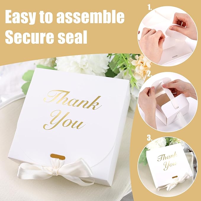 VGOODALL 20PCS Thank You Gift Boxes, 4.5x4.5x1.9Inches Mini Party Favor Boxes White Treat Bags with Bow Ribbon for Wedding Bridal Baby Shower Birthday Party
