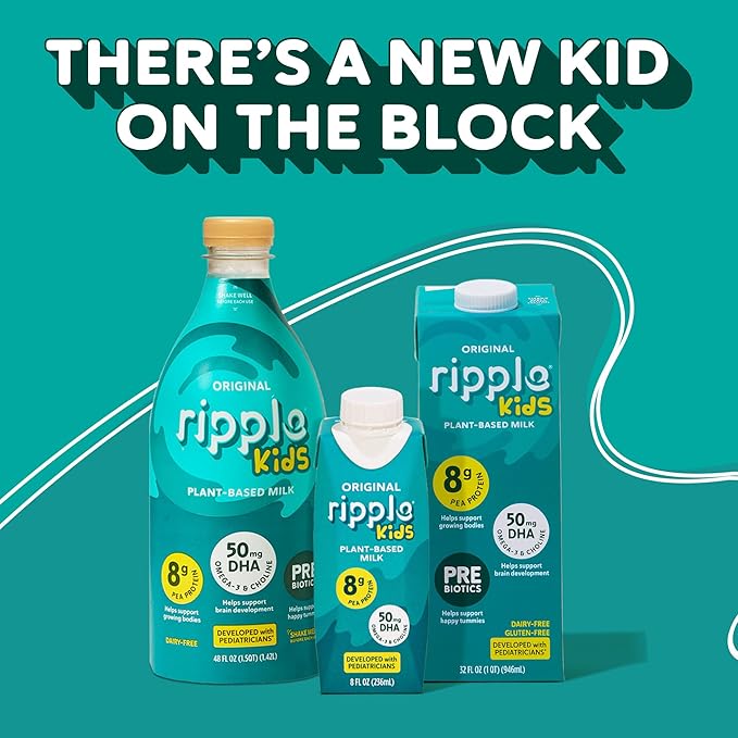 Ripple Kids Original Plant Based Milk | Pediatrician Recommended | 8g Pea Protein | Shelf Stable | Vegan & Non GMO Certififed | Dairy, Soy, Nut, Gluten, and Lactose Free | 8 Fl Oz (Pack of 12)