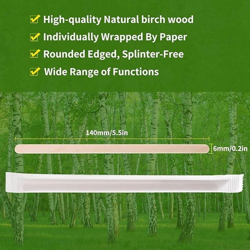 1000pcs Individually Wrapped Coffee Stirrers Wood - 5.5" Coffee Stir Sticks, Round End Disposable coffee stirrer, For Coffee, Cocktail and Hot Drinks