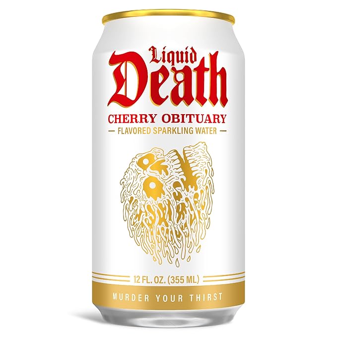 Liquid Death, Cherry Obituary, Soda-Flavored Sparkling Water, 12-Pack (12oz Cans), Low Sugar, Huge Flavor & No Artificial Sweeteners