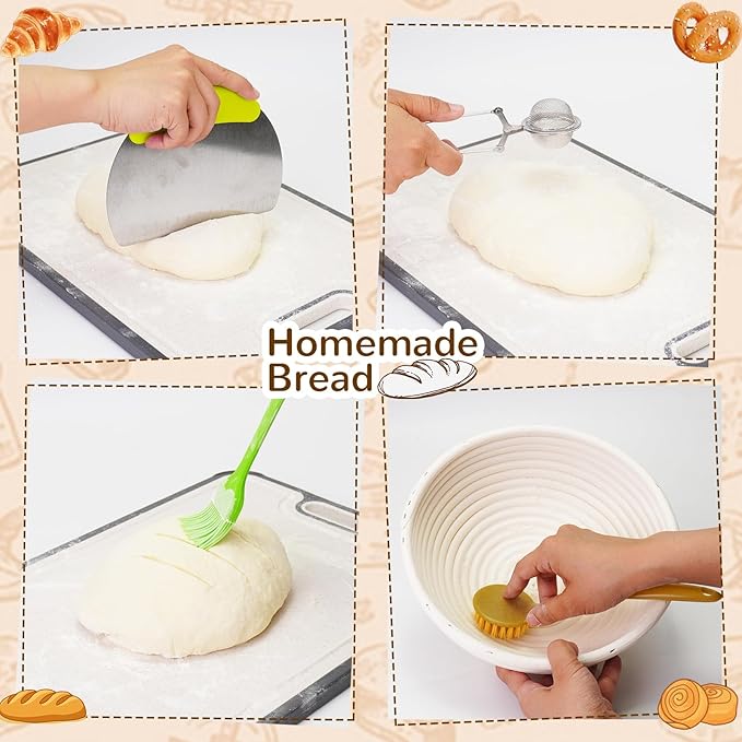 Sourdough Starter Kit,9 Inch Round & 10 Inch Oval Banneton Bread Proofing Basket with Dough Whisk Bread Lame Dough Scraper Bowl Scraper Silicone Brush Sourdough Bread Baking Supplies