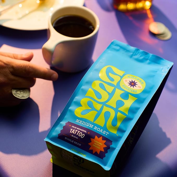 Goshen Coffee Roasters Whole Bean Old School Tattoo House Blend | Medium Roast, Brewed or Espresso | Award-Winning, Natural and Washed | Caramel, Nutty, Orange Flavors | 5 lb Bag