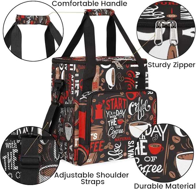 Brown and Red Coffee Cafe Coffee Maker Carring Bag Travel Carrying Storage Tote Bag Compatible with Keurig K-Mini or K-Mini Plus Portable Single Serve Coffee Brewer Case with Pockets for K-cup Pods
