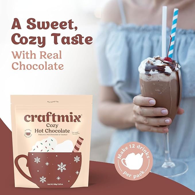 Craftmix Cozy Hot Chocolate Mix - Instant Hot Cocoa Drink Mix Packets - Made with Real Cocoa Beans - Add Milk or Water - Vegan, Low-Carb, Low-Sugar, Dairy-Free, Gluten-Free, 12 Pack