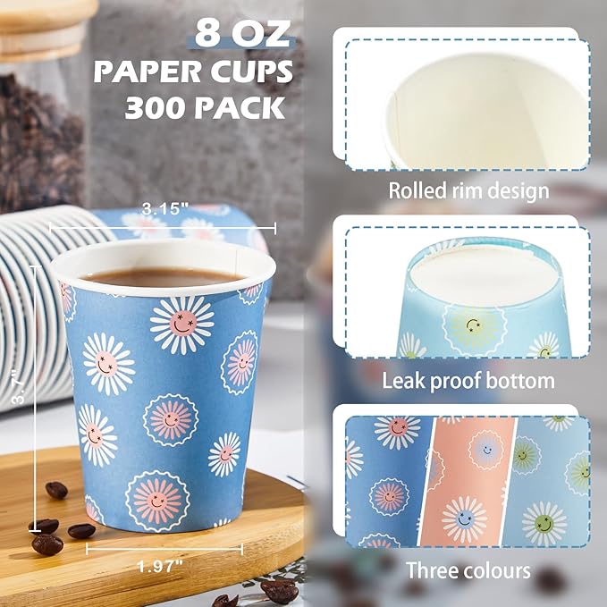 300 Pack Paper Cups 8 oz, Disposable Coffee Cups, Paper Coffee Cups 8 oz, Colourful Hot/Cold Beverage Drinking Cup for Water Juice or Tea, Office Party Home Travel - Daisy