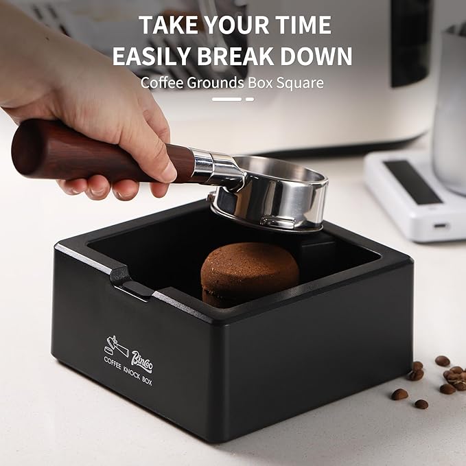 Bincoo Square Espresso knock Box 16cm /6.3 Inch Barista Style Coffee Knock Box for Grounds with Anti-Slip Base, Multi-functional Sturdy Espresso Dump Bin for Home/Office.. (black)
