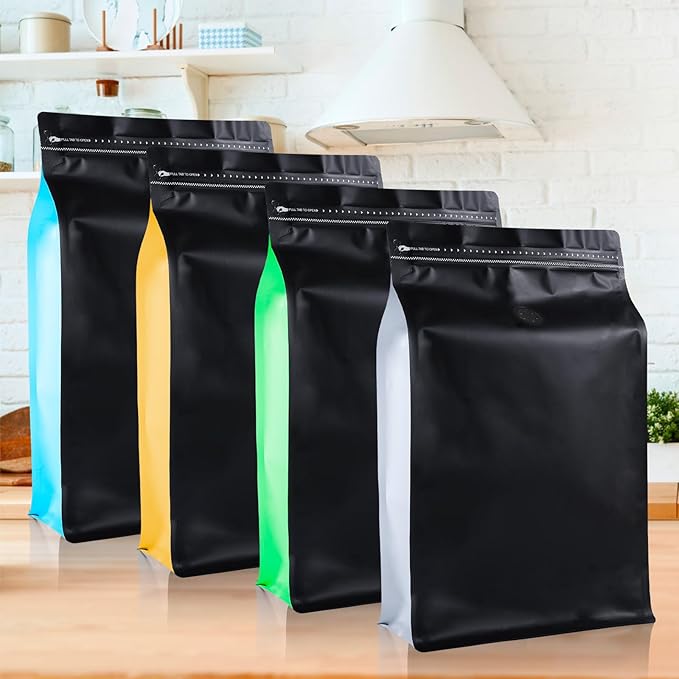 New 2.5 KG Large Capacity Coffee Bags with Valve (50 PCS) White Sides Black High Barrier Aluminum Foil Flat Bottom Standing Coffee Beans Storage Packaging Bags, Reusable Heat Seal Side Zipper Pouches