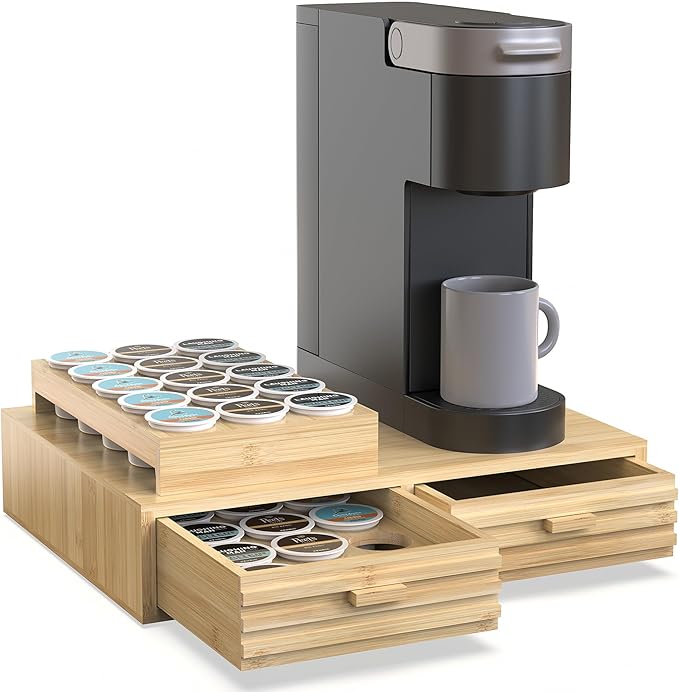 Bamboo K-Cup Pods Holder Organizer - 60 Pod Capacity with 2 Sliding Drawers & 2 Coffee Pod Holder Inserts, Elegant Tea Bag Storage Box for Home, Office & Kitchen Countertop (39.4"x8.2"x8.2")