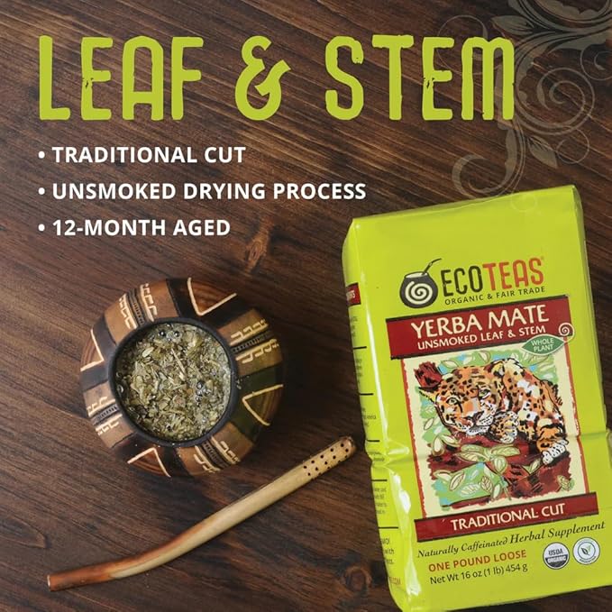 ECOTEAS Organic Yerba Mate Loose Leaf Tea – Unsmoked Detox Herbal Tea for Natural Energy – Coffee Alternative - Kosher, Non-GMO, Gluten-Free - Traditional Cut, 1 lb (Pack of 3)