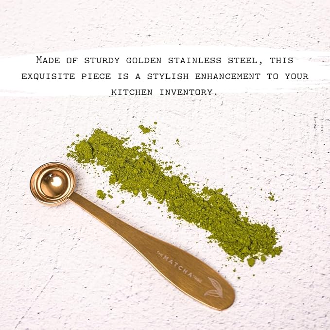 Golden Stainless Steel 1 gram Matcha Measuring Spoon (1/2 teaspoon). Scoop your Matcha with Precision for Perfect Servings while upgrading your Matcha station within your kitchen inventory!