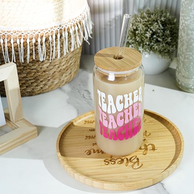 Teacher Appreciation Gifts - 4Pack End of Year Teacher Gifts for Women Men, 18oz Teachers Glass Cup with Bamboo Lid and Straw Glass Coffee Cups Unique Thank You Teachers Tumbler Mug Gift from Students