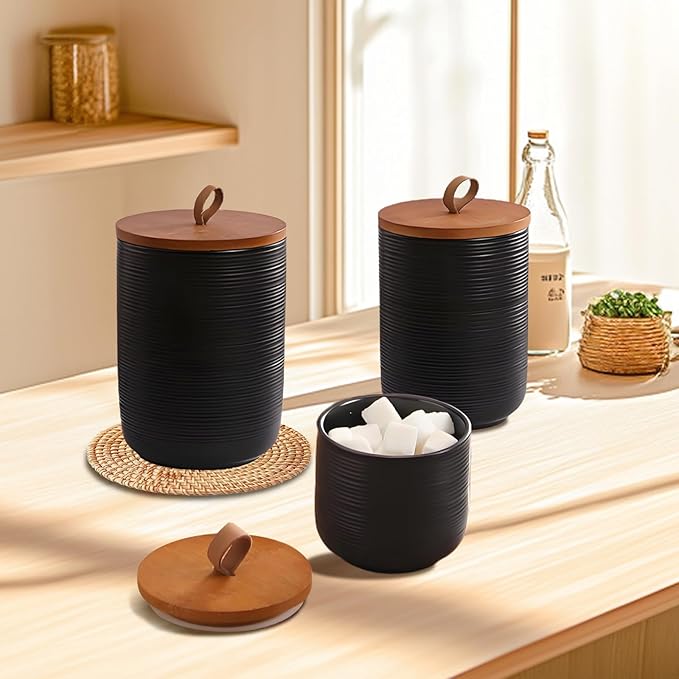 Food Storage Jar Strong Ceramic Storage Canisters with Airtight Wooden Lid,Kitchen Storage Containers for Serving Coffee Beans, Tea, Sugar, Salt, Spices (Big black)