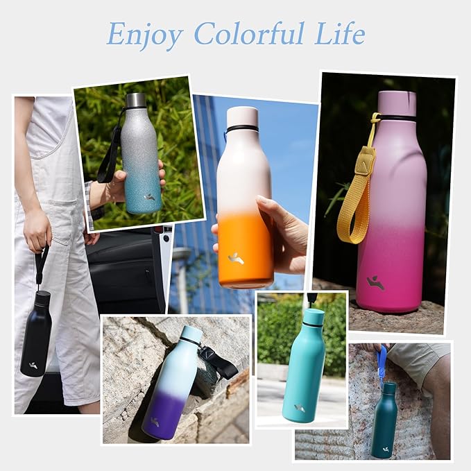 Insulated Water Bottle with Strap,18 oz Double Wall Stainless Steel Vacuum Bottles Metal Water Flask,Sparkling Silver Blue