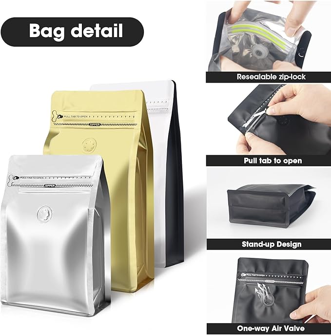 Coffee Bags with Valve(60pcs,8 oz,1/2 lb) Vented Coffee Beans Packaging Bags High Barrier Aluminumed Foil Flat Bottom Heat Sealed Side Zipper Resealable Storage Bag for Home or Business（White+Orange）