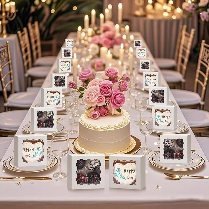 3.2x3.2x1.5 Inches 100PCS Chocolate Truffle Boxes Mini Bakery Boxes with Window for Cookies,Soap,Donut, Macaron,Brownie(White)