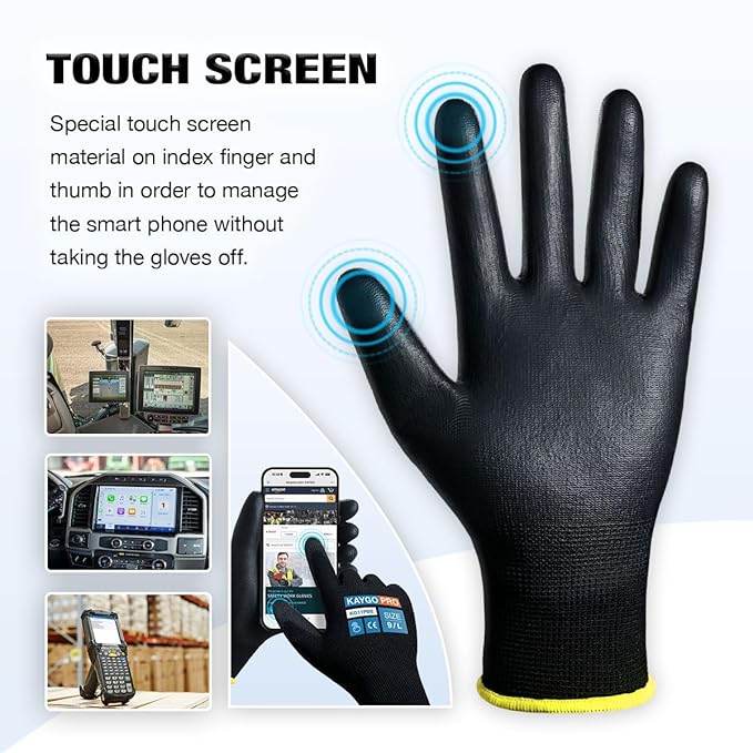 KAYGO Safety Work Gloves PU Coated for Men and Women, 12 Pairs KG11PB, Seamless Knit Glove with Two Fingers Touchscreen, breathable and lightweight Ideal for General Duty Work (Medium,Black)