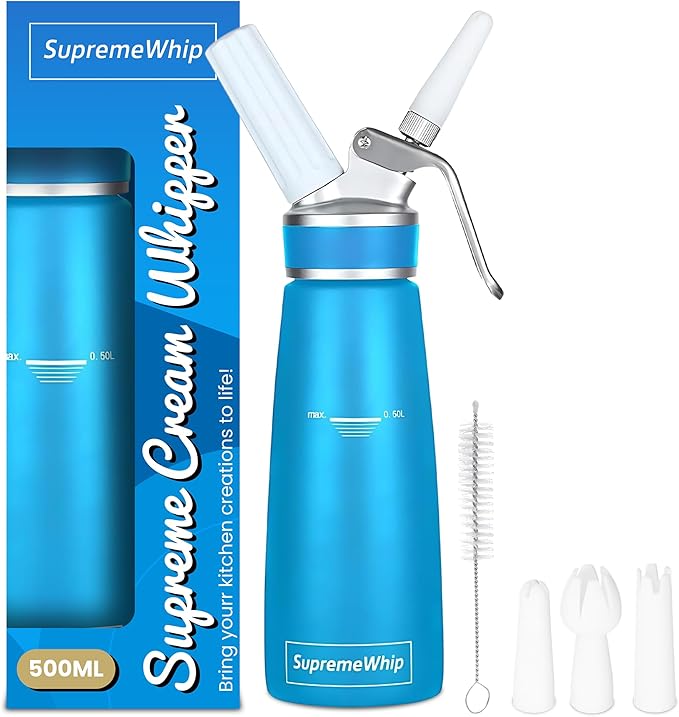 PRO Cream Dispenser, Durable High-Grip, Metal Lid with Rubber, 3 Nozzles, for Hot/Cold Use, Cleaning Brush Included, Blue - 500 ml / 1 Pint