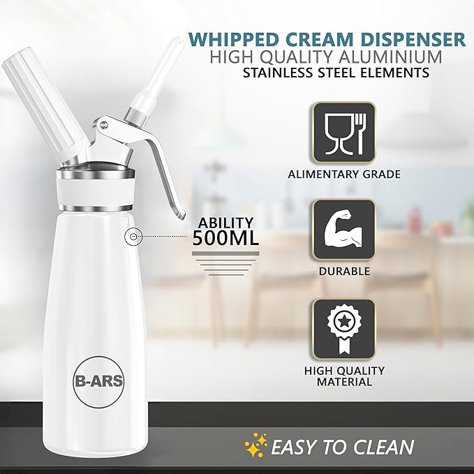 B-ARS Whipped Cream Dispenser-Professional Dispenser-Whip Cream Dispenser -Whipping Siphon-Whipped Cream Maker-Cream Whipper-Aluminum Whipped Cream Dispenser 500 ml. (White)