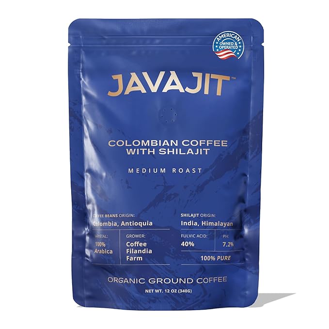 Colombian Coffee with Shilajit – Medium Roast Organic Ground Coffee, Energy & Immunity Boost, 250mg Himalayan Shilajit per Serving, 16 Servings