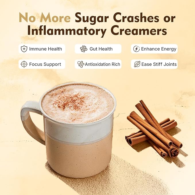 Veltracha Coffee Supplement, Spice Collagen Creamer Cinnamon, L-Theanine & 4 in 1 Functional Mushrooms, Non-Dairy, Sugar Free & Keto-Friendly MCT Creamer for Energy & Gut Health, 30 Servings