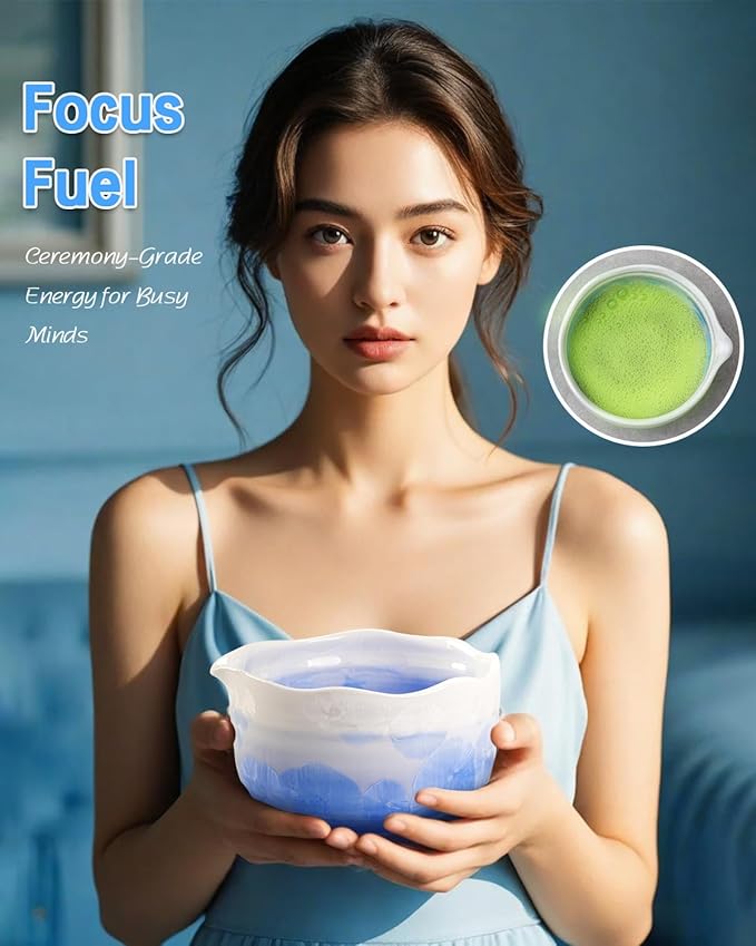 Natural Crystal Flower Matcha Set - 4 Pcs Food Grade Matcha Kit with Spouted Bowl, Matcha Whisk, Scoop and Chasen Holder - Matcha Tea Ceremony Gift for Matcha Lovers (Mist Azure)