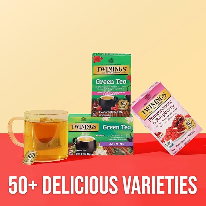 Twinings Green Tea with Pomegranate, Raspberry, & Strawberry Individually Wrapped Bags, 20 Count (Pack of 6), Caffeinated, Enjoy Hot or Iced, 120 Teabags