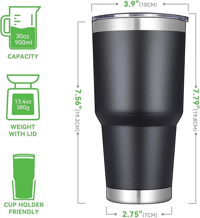 DOMICARE 30 oz Tumbler with Lid and Straw, Stainless Steel Tumblers Bulk, Insulated Vacuum Double Wall Travel Coffee Mug, Durable Powder Coated Tumbler Cups (Black, 8)