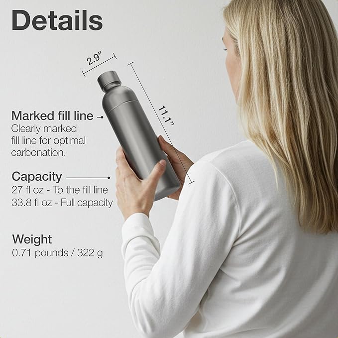 Stainless Steel Carbonating Bottle 33 oz | Compatible with Aarke Carbonator 3, Sodastream (Excl. model Aqua Fizz + Jet) & many others | Dishwasher Safe | No Expiration Date