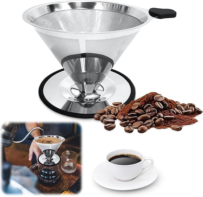 Pour Over Coffee Dripper-Stainless Steel Coffee Filter,Reusable Drip Cone Coffee Filter Portable Pour for 1-4 Cup (With Silicone Ring, S)