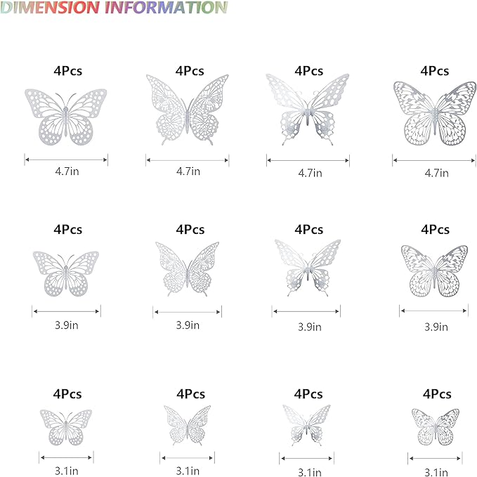 SAOROPEB 3D Butterfly Wall Decor, 48 Pcs 4 Styles 3 Sizes, Removable Metallic Wall Sticker Room Mural Decals for Kids Bedroom Nursery Classroom Party Decoration Wedding Decor DIY Gift (Sliver)