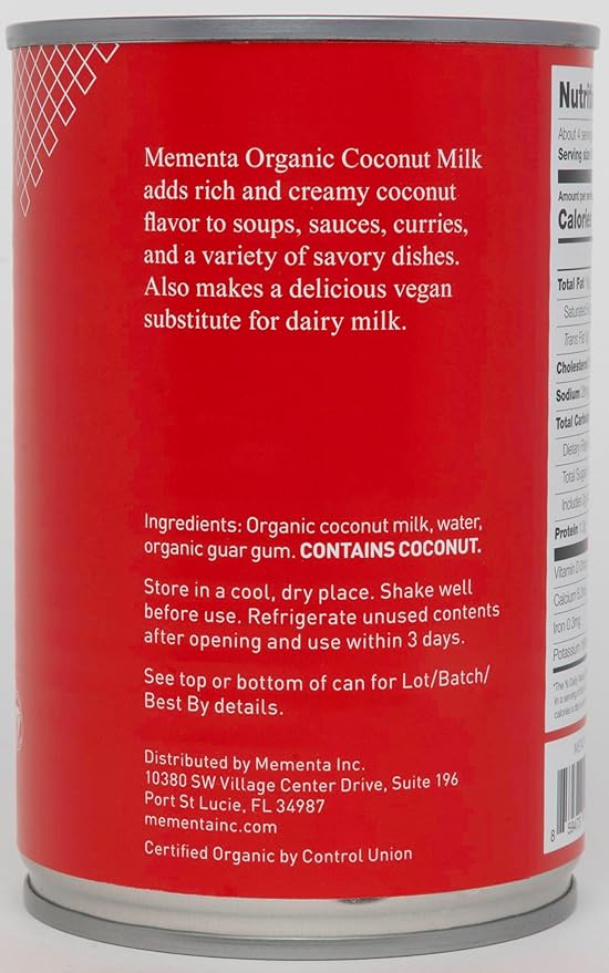 Mementa Inc Organic Coconut Milk Regular 18% - Dairy Free, Plant Based Vegan Milk, Lactose Free - 13.5 Fl Oz (Pack of 3) - Ideal for Cooking and Baking