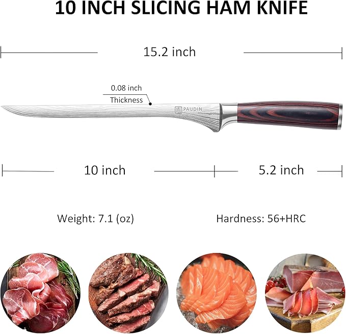 PAUDIN Carving Knife, 10 Inch Professional Ham Slicing Knife with Sheath, High Carbon Stainless Steel Meat Cutting Knifes, Spanish Style Sharp Slicer Knives with Ergonomic Pakkawood Handle, Gift Box