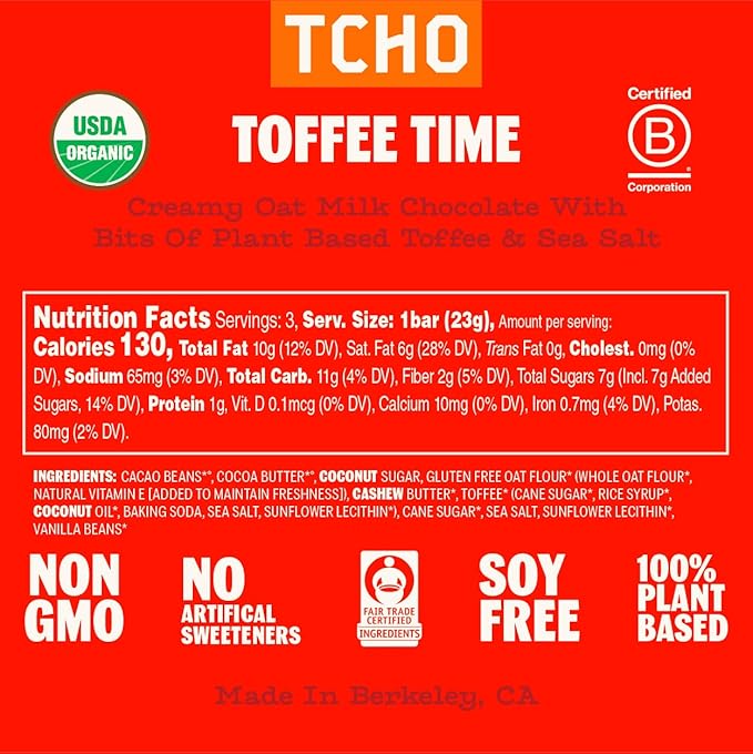 TCHO Toffee Time 53% Oat Milk Chocolate Bars (3 pack) | Plant Based, Organic & Fair Trade, | Non GMO, Non-Dairy, Vegan, Soy Free (2.5oz each)