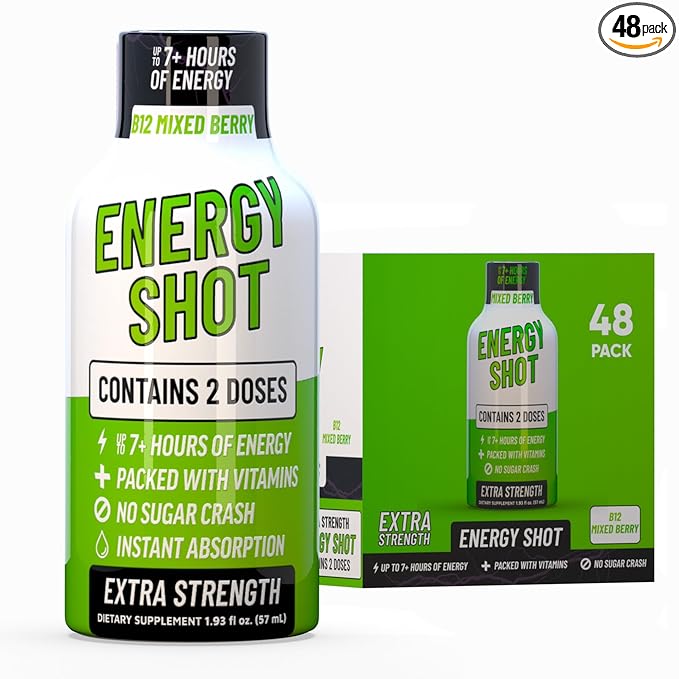 B12 Mixed Berry Extra Strength Energy Shot 48 pk – 260mg Natural Caffeine B12 B6 – Energy & Vitality Support – 2 Servings Sugar Free Zero Calorie Green Tea B-Vitamins Electrolytes Vegan – 1.93 fl oz