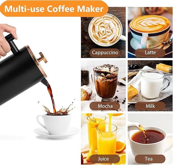 Black French Press Stainless Steel 34oz, Double Wall Insulated Coffee Press 1L for travel camping with 2 Extra Filter Screens and 1 Coffee Spoon（8cup 1000ml）