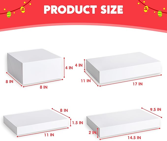 JOYIN 12PCS Christmas White Gift Boxes with Lids for Presents, 4" Deep Large Shirt Robe Wrapping Box, 4 Different Sizes Holiday Festive Lingerie Cupcake DIY Kraft Cardboard Boxes