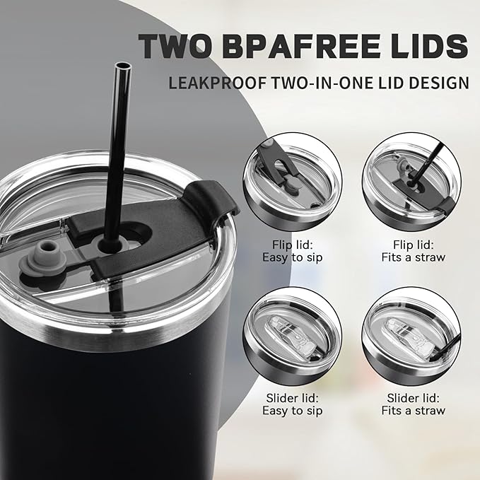 40 oz Tumbler with Lids and Straws, Stainless Steel Insulated Coffee Tumbler, Double Wall Vacuum Insulated Travel Mug Cup, Leakproof Thermal Coffee Cup for Hot and Cold Drinks (Black)